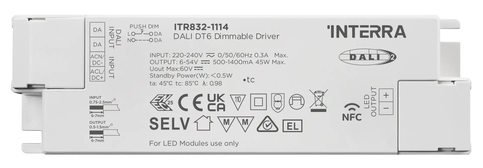 45W NFC Programlanabilir DALI-2 DT6 Constant Current LED Sürücü (500 - 1400 mA)