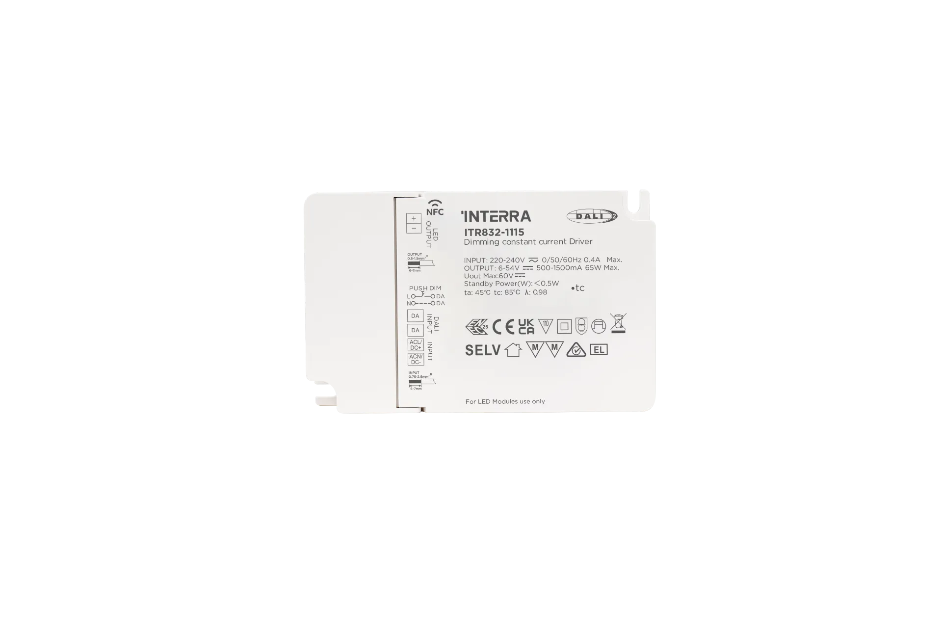 65W NFC Programlanabilir DALI-2 DT6 Constant Current LED Sürücü (500 - 1500 mA)