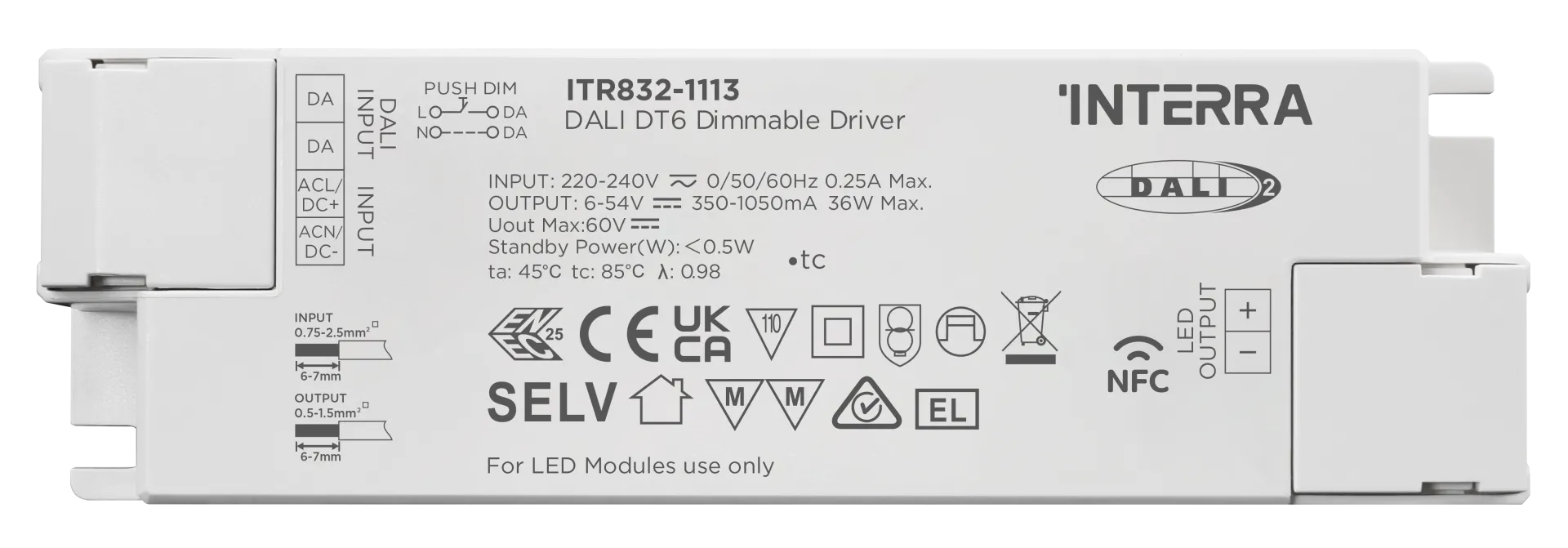36W NFC Programlanabilir DALI-2 DT6 Constant Current LED Sürücü (350 - 1050 mA)