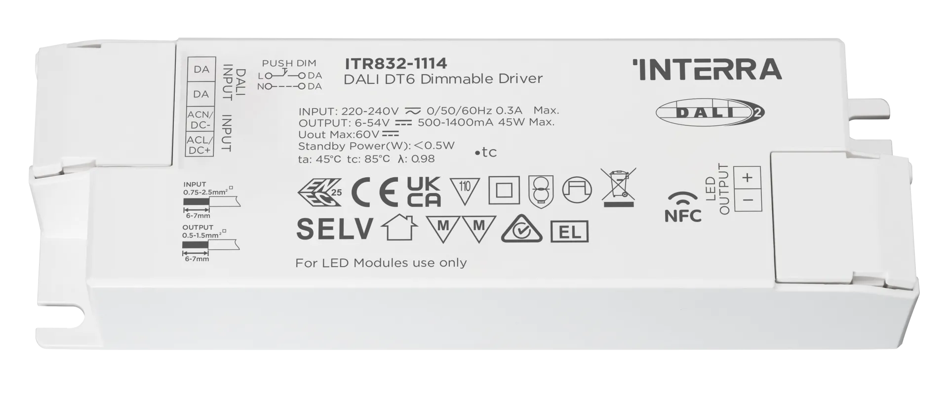 45W NFC Programlanabilir DALI-2 DT6 Constant Current LED Sürücü (500 - 1400 mA)