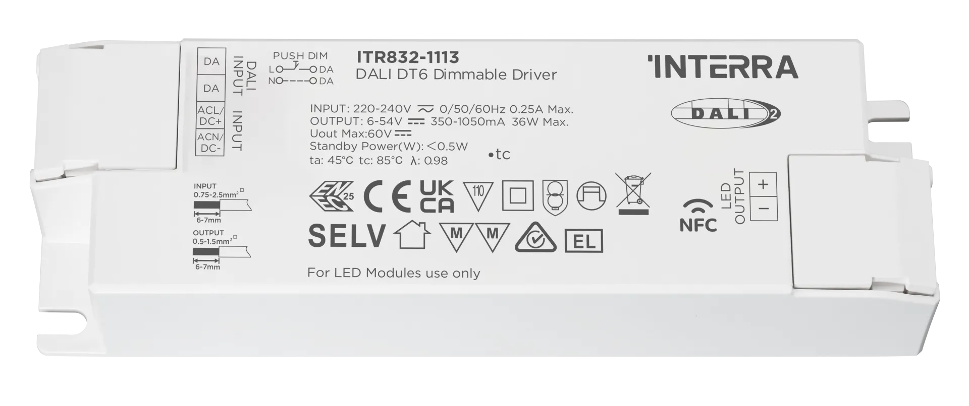 36W NFC Programlanabilir DALI-2 DT6 Constant Current LED Sürücü (350 - 1050 mA)