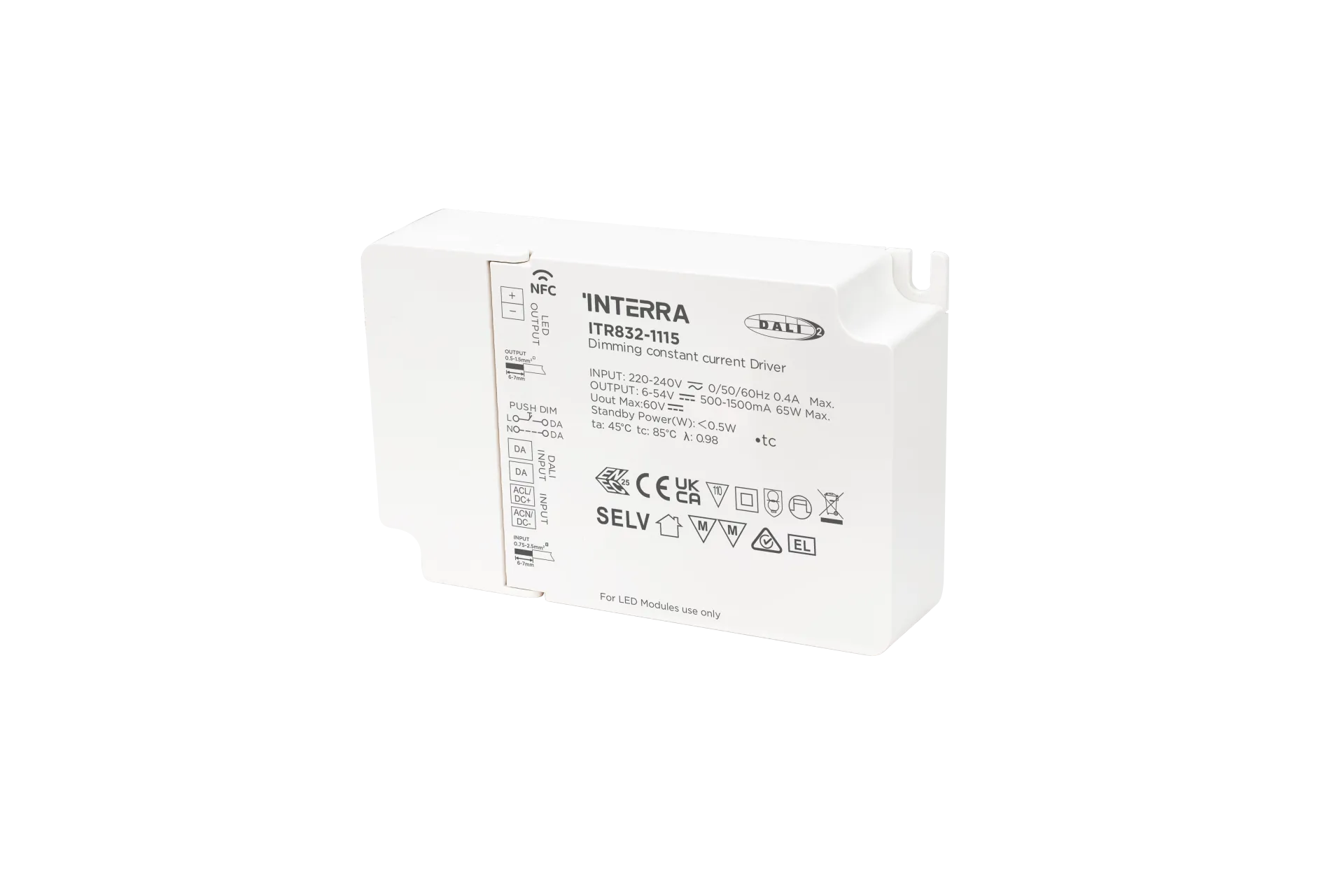 65W NFC Programlanabilir DALI-2 DT6 Constant Current LED Sürücü (500 - 1500 mA)