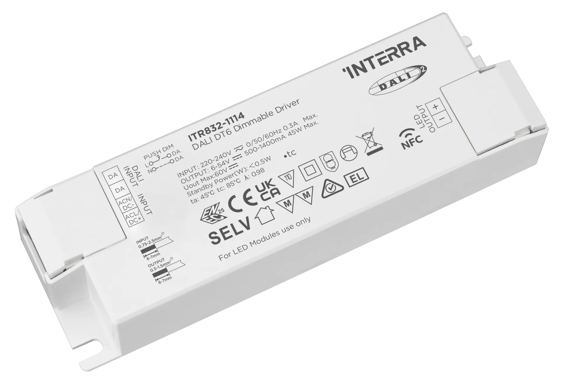 45W NFC Programlanabilir DALI-2 DT6 Constant Current LED Sürücü (500 - 1400 mA)