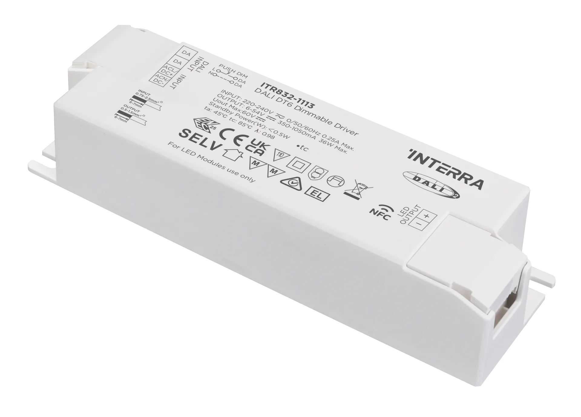 36W NFC Programlanabilir DALI-2 DT6 Constant Current LED Sürücü (350 - 1050 mA)