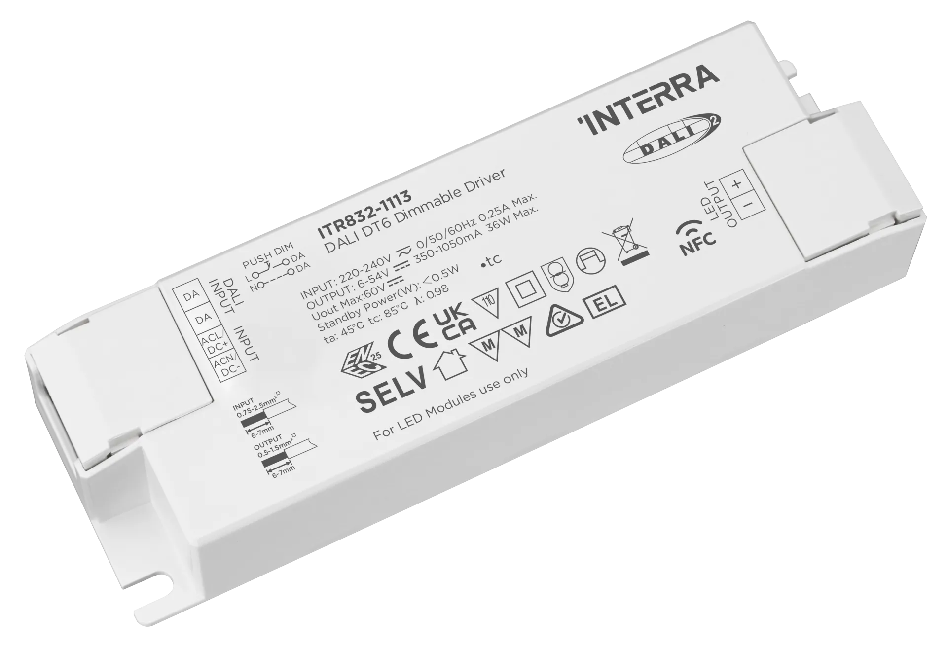 36W NFC Programlanabilir DALI-2 DT6 Constant Current LED Sürücü (350 - 1050 mA)