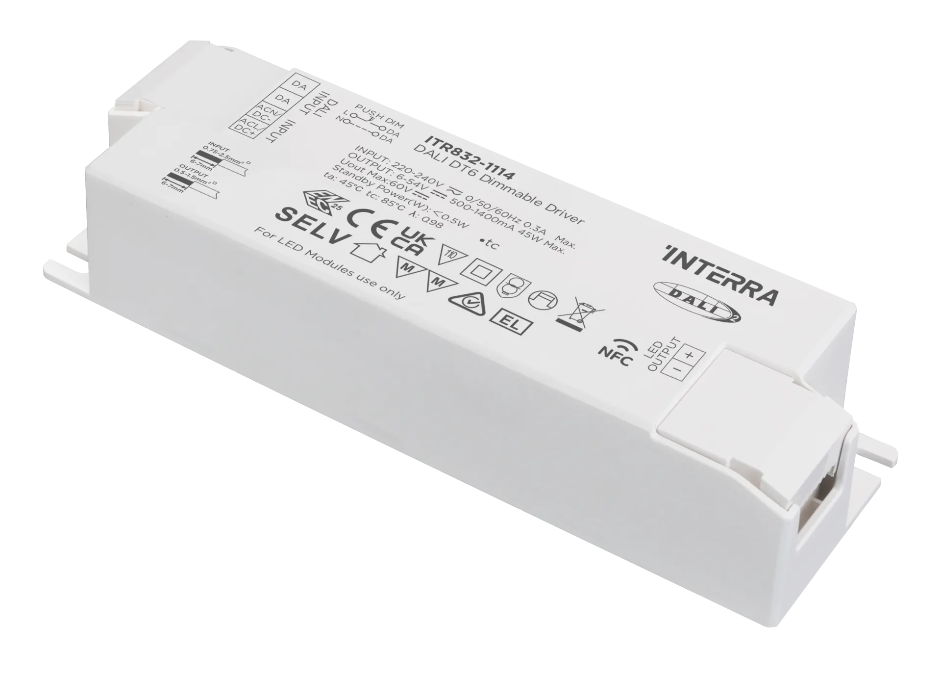 45W NFC Programlanabilir DALI-2 DT6 Constant Current LED Sürücü (500 - 1400 mA)
